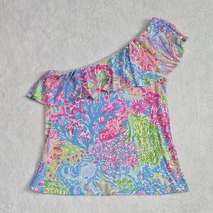 Lilly Pulitzer Shirt Neveah One Shoulder Top "Lovers Coral" Print Size Large